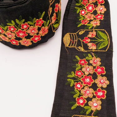 Black Art Silk Trim With Floral Embroidery & Sequins, Red, Green And Gold Flower Embroidered Trim